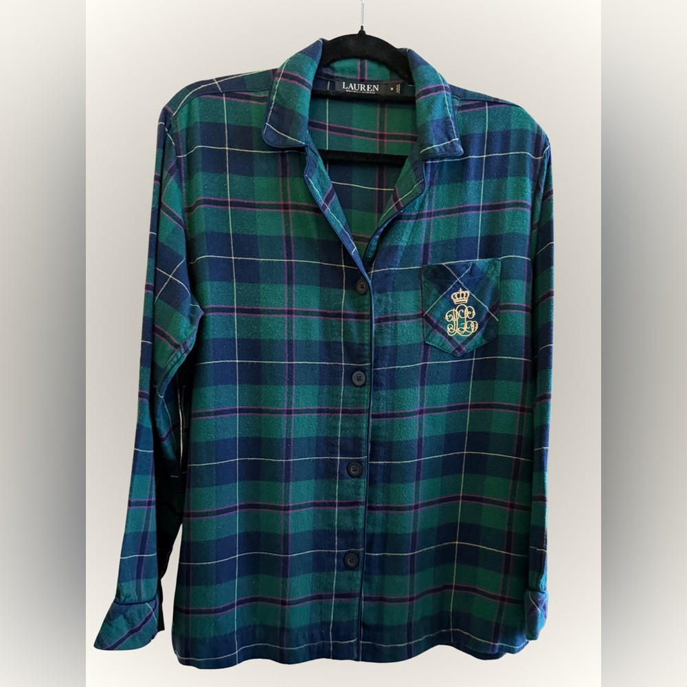 Lauren Ralph Lauren Green Plaid Flannel Pajama Top - Size M